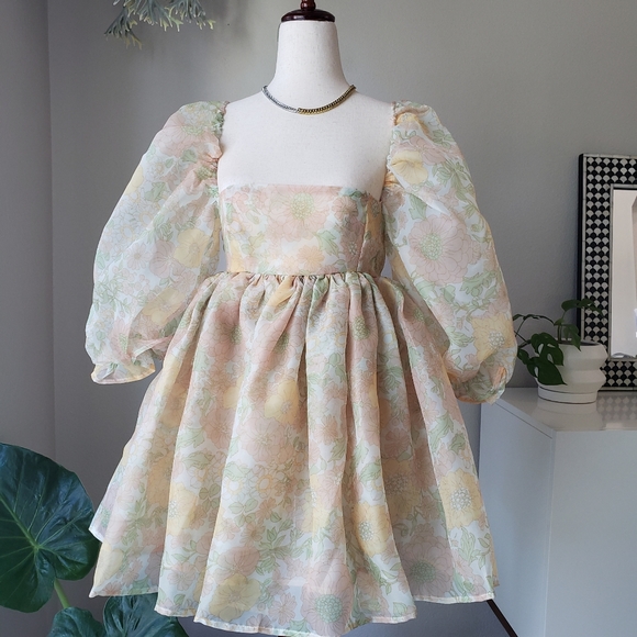 Floral Organza Babydoll Puff Dress - Picture 2 of 9